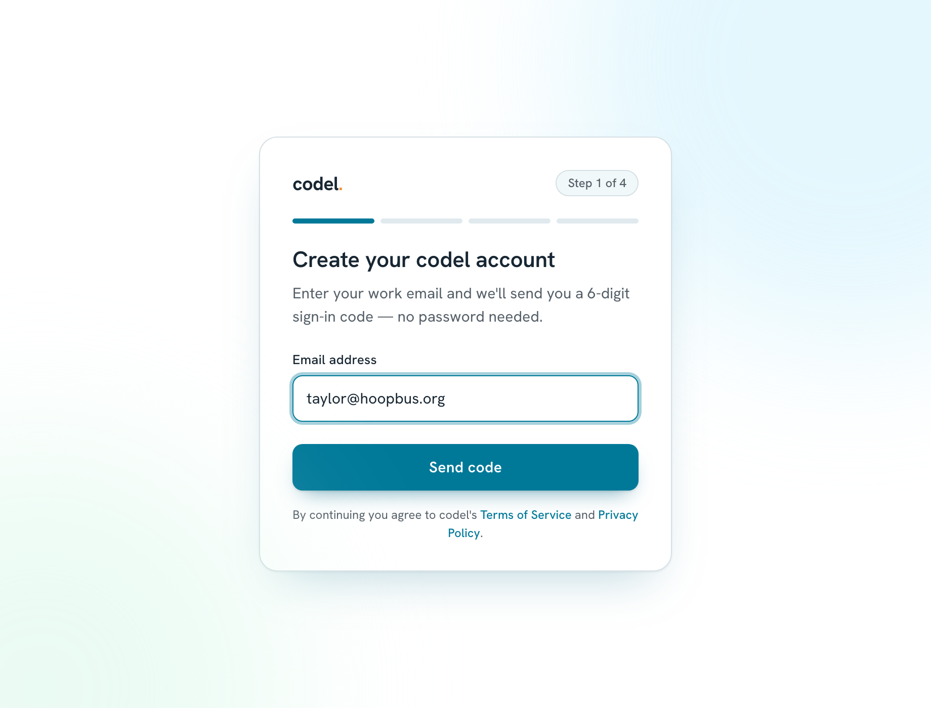 Codel sign-up screen asking for an email address
