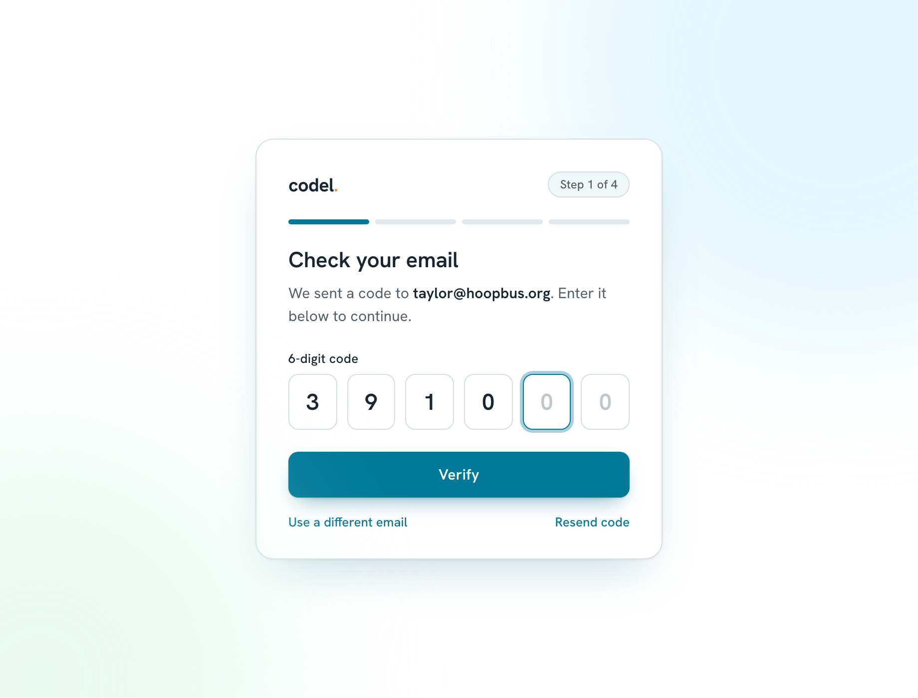 Screen to enter the 6-digit code sent to the user's email
