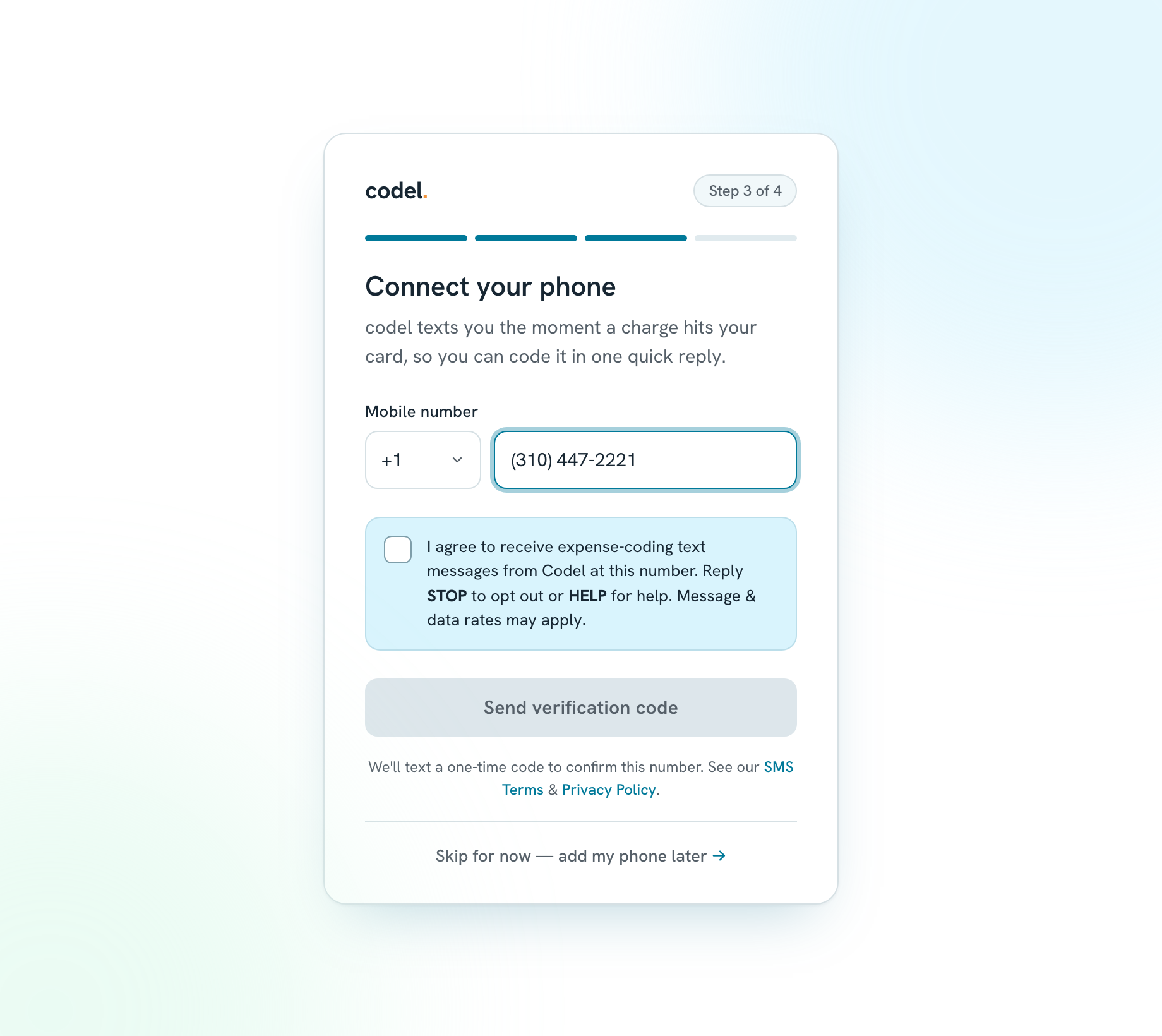 Opt-in screen with a mobile number field and an unchecked SMS consent checkbox