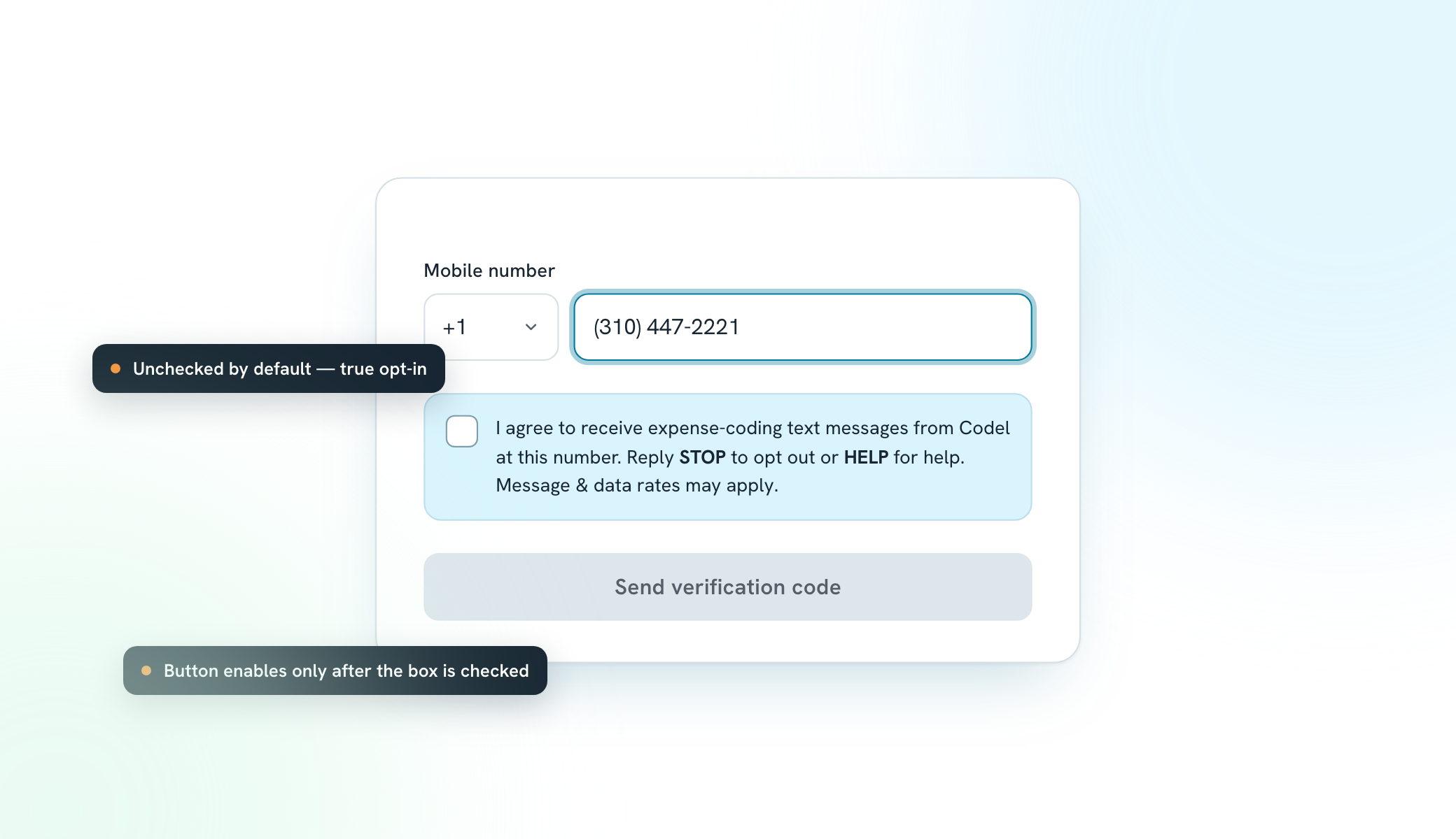 Close-up of the consent checkbox and the disabled-until-checked button