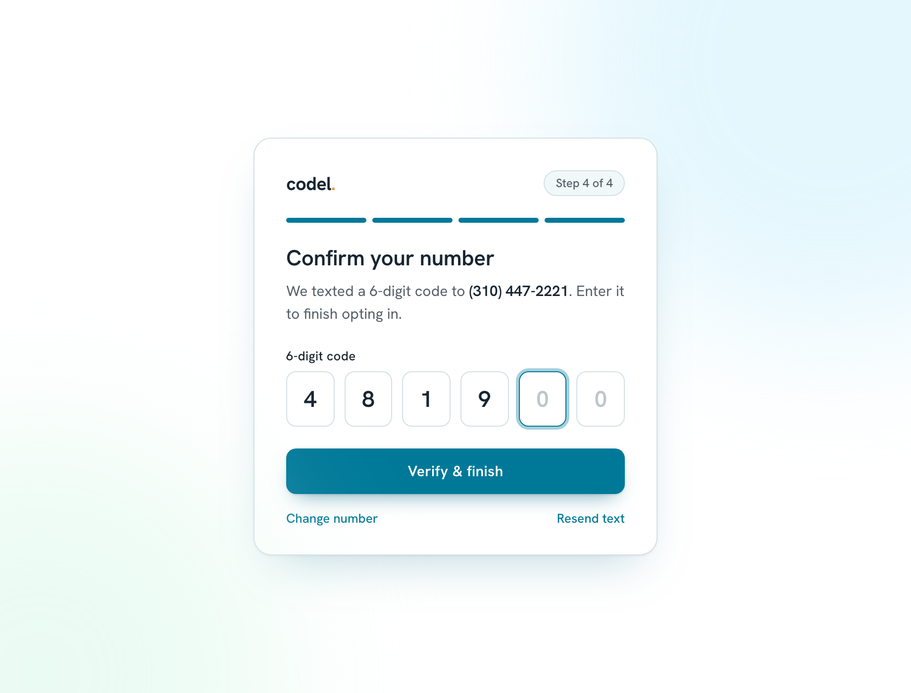 Screen to enter the 6-digit code texted to the user's phone