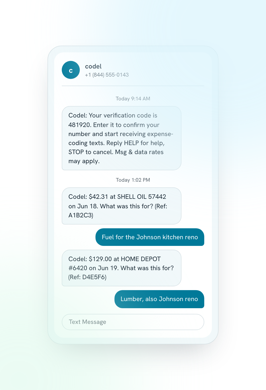 A phone SMS thread: opt-in confirmation followed by transaction prompts and plain-language replies