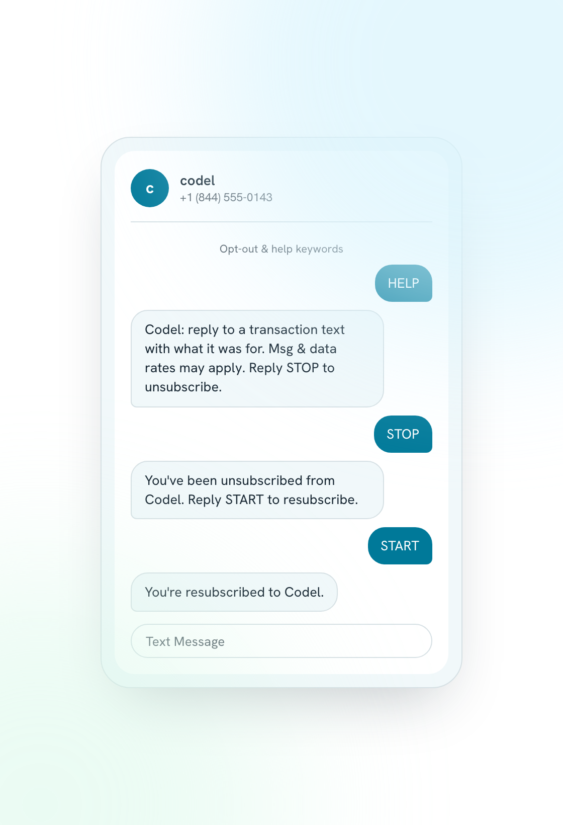 A phone SMS thread showing HELP, STOP, and START keyword handling